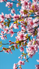 Spring Floral Background With Blooming Cherry Blossoms And Blue Sky