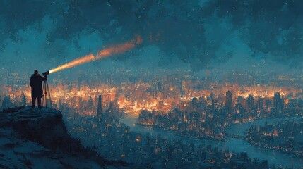 Obraz premium Man with Telescope Overlooking Cityscape at Night, Artistic Impressionism Style, Urban Exploration, Future Vision, Technology and Discovery