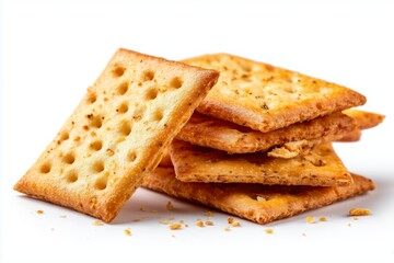 Fototapeta premium Delicious namak pare crisp crackers stacked on a white background showcasing their golden color and crunchy texture, perfect for snacking at any time of day