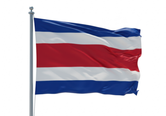 The flag of costa rica is depicted waving on a flagpole against a clean transparent background