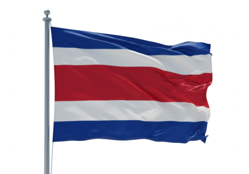 The flag of costa rica is depicted waving on a flagpole against a clean transparent background