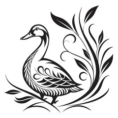 Fototapeta premium A duck with decorative floral elements in a black and white illustration
