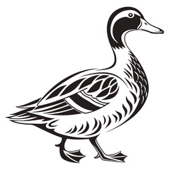 A stylized duck walks through grass and puddles