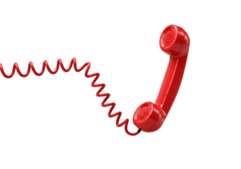 A bright red telephone receiver with a coiled cord isolated on a transparent background