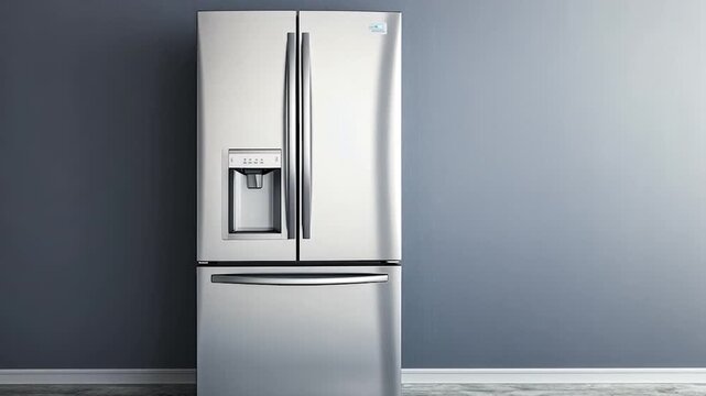 Stainless steel double door refrigerator against a gray wall