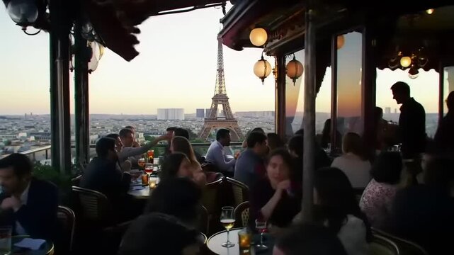 Paris Rooftop Bar with Eiffel Tower View.