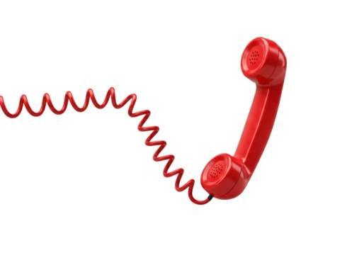 A bright red telephone receiver with a coiled cord isolated on a transparent background - Powered by Adobe