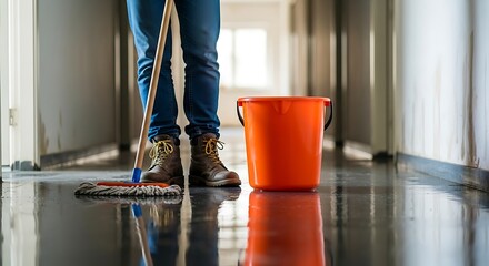Fototapeta premium Floor Cleaning with Mop and Bucket in Hallway