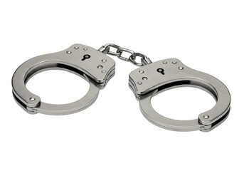 A pair of metal handcuffs with a chain connecting them, isolated on a transparent background