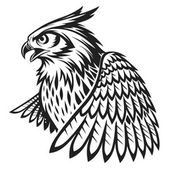 A fierce owl with wings spread is depicted in a graphic illustration