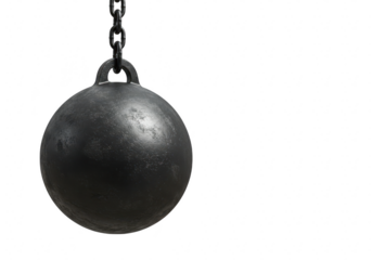 A heavy black wrecking ball hanging from a chain, isolated on a transparent background