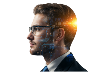 Profile of a man wearing glasses with futuristic digital circuitry and glowing lights overlayed isolated on transparent background