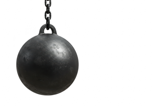 A heavy black wrecking ball hanging from a chain, isolated on a transparent background