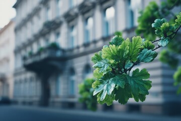 Fresh Green Oak Leaves Against Light Gray City Buildings