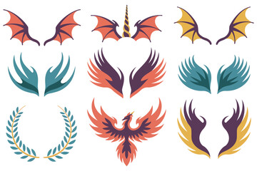 Fototapeta premium A vector set of artistic floral wings, fire, and butterfly elements perfect for logos, tattoos, and decoration