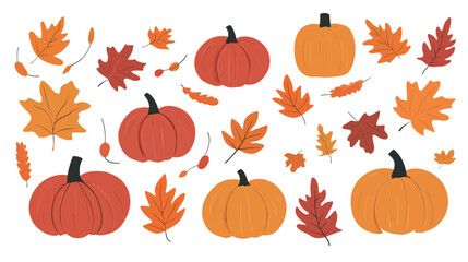 Autumn Banner with Pumpkins and Colorful Fall Leaves &ndash; Vector Illustration