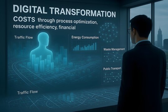 A businessman is observing a digital transformation presentation highlighting costs, process optimization, and resource efficiency in a modern city environment