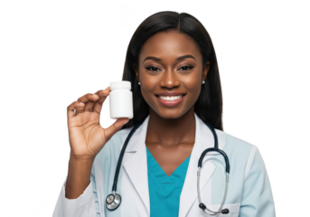 A smiling female doctor in a white coat holds a white pill bottle isolated on a transparent background