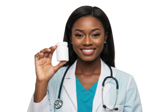 A smiling female doctor in a white coat holds a white pill bottle isolated on a transparent background
