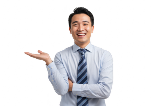 A smiling businessman in a blue striped shirt and tie presents with an open hand, isolated on white isolated on transparent background