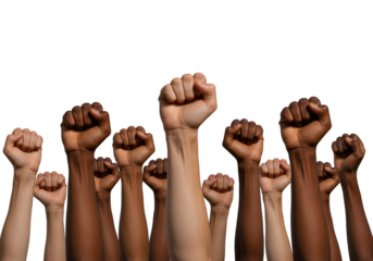 A diverse group of people raise their fists in solidarity and protest, isolated on white isolated on transparent background