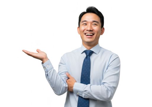 A happy asian man in a blue shirt and tie presents with his hand outstretched, isolated on white isolated on transparent background