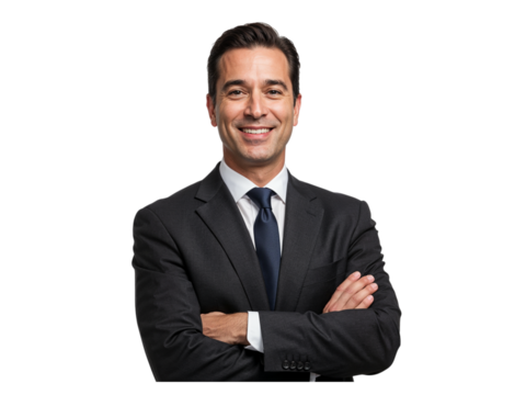 Confident smiling businessman in a dark suit and tie with arms crossed isolated on transparent background