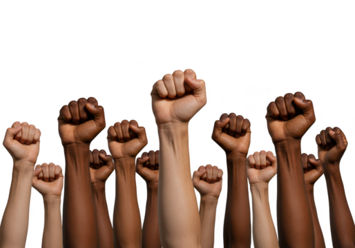 A diverse group of people raise their fists in solidarity and protest, isolated on white isolated on transparent background
