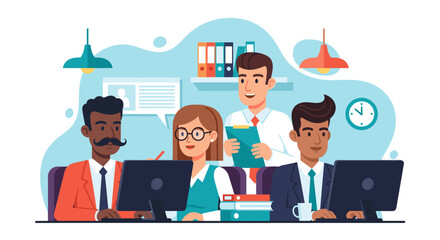 Diverse team of professionals collaborating in a modern office setting, ideal for business websites and presentations.