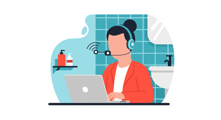 Person working from home on laptop in bathroom, perfect for remote work, work from home, or telecommuting concepts.