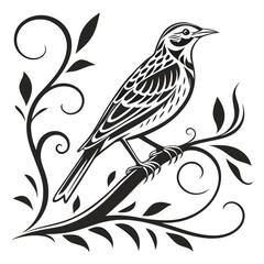 A stylized bird perched on a decorative branch with leaves