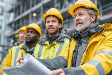 Diverse Team of Engineers in High Visibility Vests Collaborating on Project Plans Outdoors
