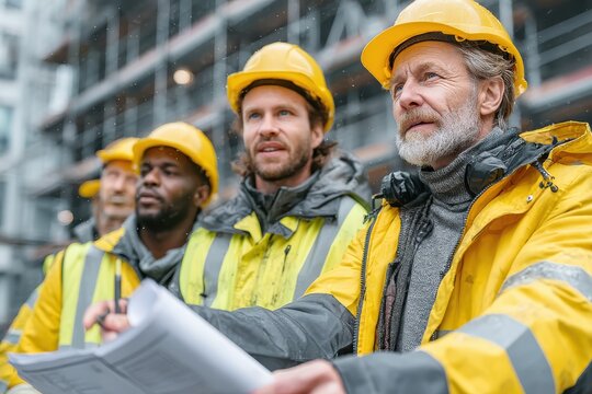 Diverse Team of Engineers in High Visibility Vests Collaborating on Project Plans Outdoors - Powered by Adobe