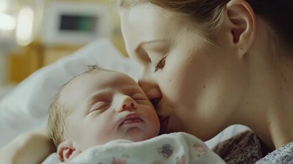 Emotional close-up of a woman kissing her newborn baby in the hospital, expressing love and attachment. Medical care environment. Mom with baby.