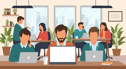 Fototapeta premium Teamwork in a modern office: Diverse group of professionals collaborating on laptops, perfect for business presentations.