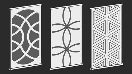 Three unique modern wall art designs featuring geometric patterns in grayscale.