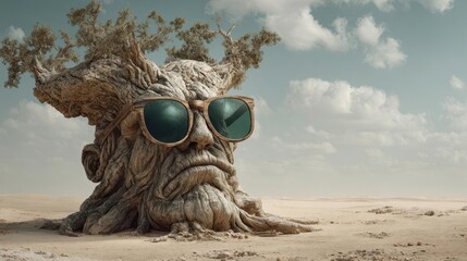 Surreal Tree Head in Sunglasses in Arid Desert Landscape