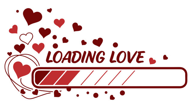 A playful graphic design featuring a loading bar with red hearts, symbolizing the anticipation of love.