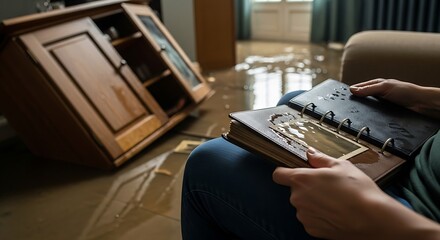 Photo Album in Flooded Room with Fallen Cabinet