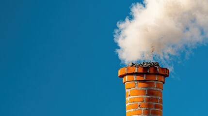 Smoke Emission from Brick Chimney Against Blue Sky Background