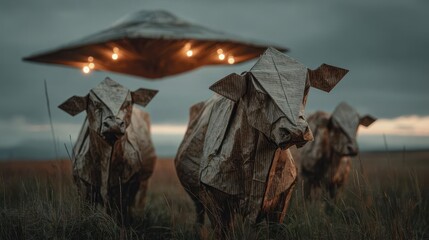 Origami Cows Under a Mysterious UFO