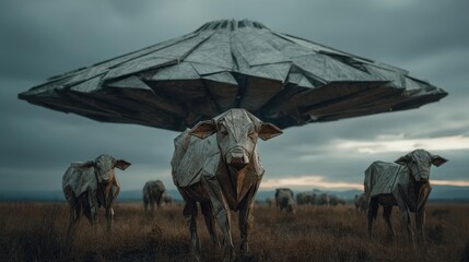 Origami Cows Under a Mysterious UFO