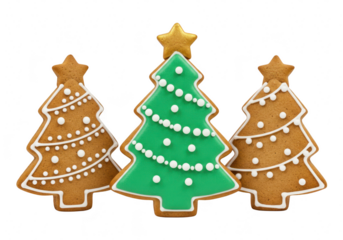 Three festive gingerbread christmas tree cookies decorated with icing and a star, isolated on a transparent background