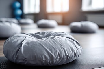 Gray yoga/meditation cushions on matted floor of a fitness center