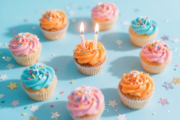 Colorful Cupcakes with Candles and Sprinkles