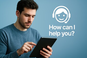 A helpful professional, embodying support and guidance, navigates a digital tablet interface against a tranquil backdrop, ready to assist.  customer support service