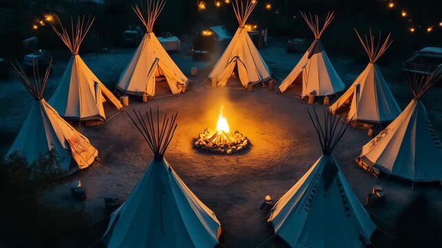tipi tents in a circle with fireflame in the center 