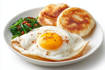 Delicious Taiwanese breakfast plate featuring a perfectly fried egg, pancakes, and saut&eacute;ed greens on a pristine white background