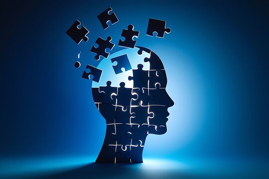Silhouette of a human head composed of puzzle pieces with some pieces floating away symbolizing fragmented thoughts memory loss or mental challenges - Powered by Adobe