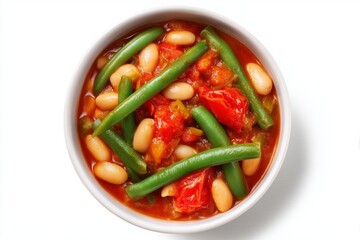 Delicious tomato and bean stew garnished with green beans served in a white bowl on a clean background showcases healthy eating for any mealtime